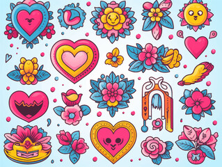 Wall Mural - set of stickers groovy lovely cartoon face characters heart. retro happy valentines day. trendy retr