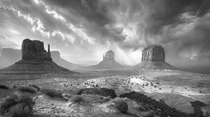 Poster -   A monochrome image depicts a vast expanse of arid terrain dotted by towering peaks against a tumultuous backdrop of dark clouds