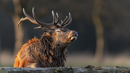 Wall Mural - a photo of a deer's close-up face, featuring antlers on its head, amidst a forest backdrop