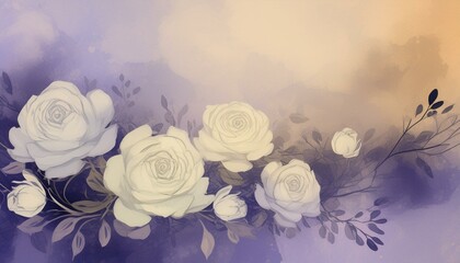 Wall Mural - Abstract vintage watercolor wash pastel purple lilac and beige flat texture with faded white rose flowers edge background