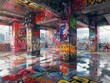 © Dee - Artistic 3D depiction of an urban setting transformed by graffiti and street art, with vibrant spray-painted murals and tags covering walls and surfaces, capturing the raw energy and creativity of