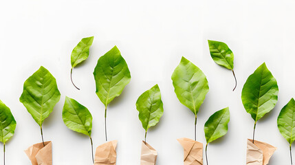 Wall Mural - Eco, zero waste, plastic free and saving energy concept  with green leaves growing from recycled paper isolated on white background, flat design, png
