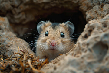 Wall Mural - A shy hamster peeking out from behind a hideout, eyes cautious but curious,