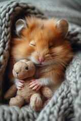 Wall Mural - A loving hamster cuddling with a small stuffed animal, eyes closed in affection,