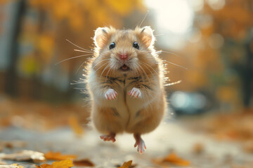 Wall Mural - An energetic hamster jumping up, eyes bright and body full of motion,