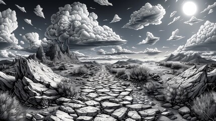 Wall Mural - A black and white painting of a path in the desert, AI