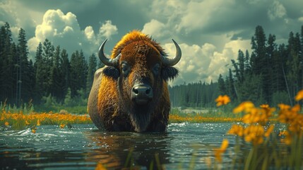 Canvas Print - A buffalo is walking through a river with flowers in the background, AI