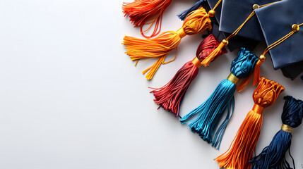 Graduation celebration theme. top view of miniature graduation caps and diplomas with colorful tassels on white isolated on white background, png
