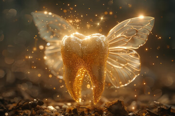 Wall Mural - An outline of a tooth with subtle fairy wings and sparkles surrounding it,