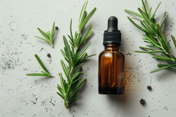 Poster - A sprig of rosemary laid next to a dropper bottle on a clean, white surface,