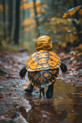 Poster - A turtle in a snug raincoat, slowly making its way across a wet path,