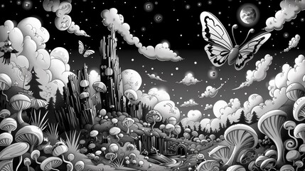 Wall Mural - A black and white drawing of a butterfly flying over mushrooms, AI