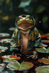 Poster - A frog in a leaf-patterned raincoat, jumping between lily pads,