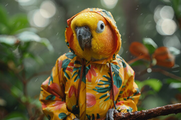 Poster - A parrot in a tropical-themed raincoat, perched on a branch,