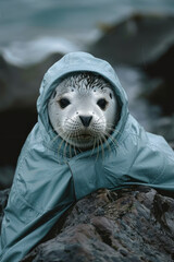 Aufkleber - A seal in a light blue raincoat, lying on a rock by the water,