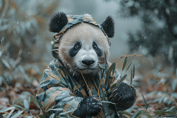 Wall Mural - A panda in a bamboo-themed raincoat, sitting and munching on leaves,