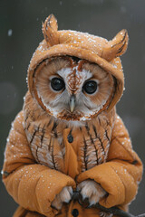 Poster - An owl in a cozy brown raincoat, perched on a branch with raindrops falling around,