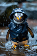 Wall Mural - A penguin in a navy raincoat, sliding on a wet surface,