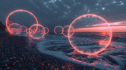 A bunch of glowing orbs on the beach at night, AI