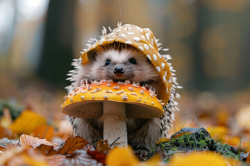 Wall Mural - A hedgehog in a polka dot raincoat, peeking out from under a mushroom,