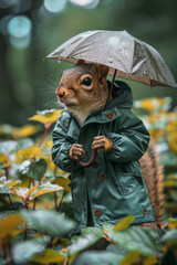 Wall Mural - A playful squirrel in a green raincoat, holding a tiny umbrella,