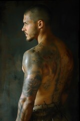 Canvas Print - A man with a tattoo on his back standing in front of the wall, AI