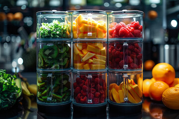 Detailed view of a blender filled with colorful layers of chopped fruits,