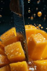 Poster - Macro shot of a knife slicing through a ripe mango, with the juice oozing out,