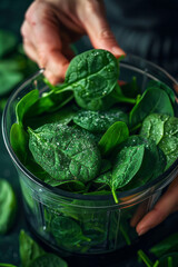 Poster - Detailed shot of a handful of spinach leaves being placed into the blender,