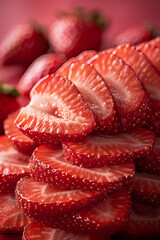 Poster - Macro image of sliced strawberries being arranged on a smoothie bowl,