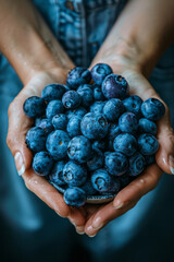 Poster - Close-up of a handful of blueberries being added to a smoothie bowl,