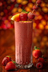 Poster - Close-up of a glass of smoothie with a decorative fruit skewer on top,