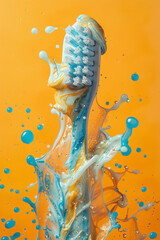 Aufkleber - A toothbrush with toothpaste creating an abstract art piece, with swirls and lines on a yellow background,