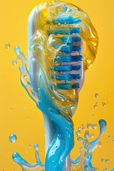 Aufkleber - A toothbrush with toothpaste creating an abstract art piece, with swirls and lines on a yellow background,