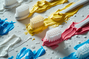 Aufkleber - A flat lay of multiple toothbrushes with different colors of toothpaste squeezed in small dollops around them on a white background,