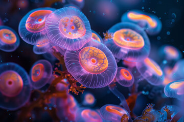 Poster - A vibrant image of yeast fungi in a liquid culture, with cells suspended and glowing in various hues,