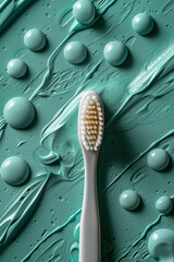 Leinwandbilder - An abstract pattern of toothpaste dots and lines with a toothbrush lying diagonally across the frame on a green background,