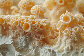 Poster - A detailed view of yeast fungi in a mixed culture, showing interactions with other microorganisms,