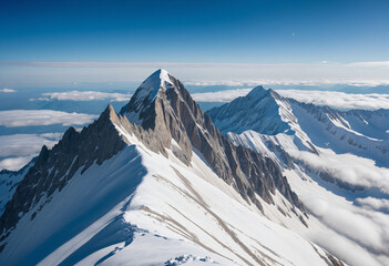 Magnificent blue sky enhances breathtaking alpine mountain scenery with snowy peaks in winter landscape view