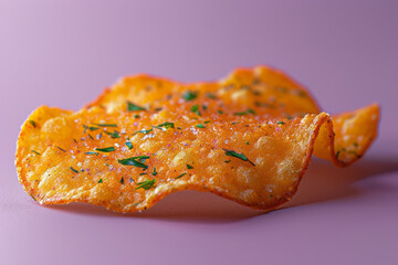 Poster - A macro view of a chip with a crunchy texture and visible herbs on a solid purple background,