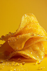 Poster - A macro image of a chip with a honey mustard glaze against a solid yellow background,