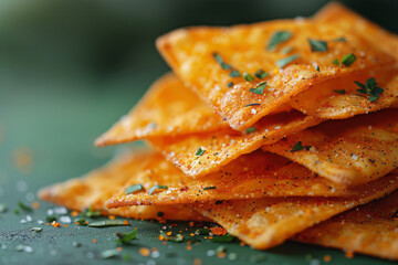 Poster - A close-up of a chip with a ranch seasoning and visible herbs against a solid green background,