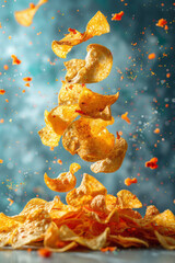 Poster - A pile of chips with a mix of flavors and textures against a solid light blue background,