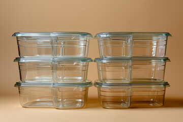 Poster - A stack of clean, reusable glass food containers with simple lids against a light brown background,