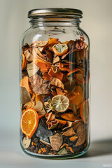 Aufkleber - A glass jar filled with compostable food scraps, such as orange peels and coffee grounds, against a white background,
