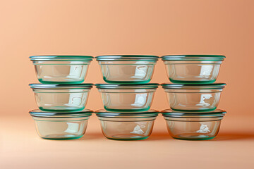 Aufkleber - A stack of clean, reusable glass food containers with simple lids against a light brown background,