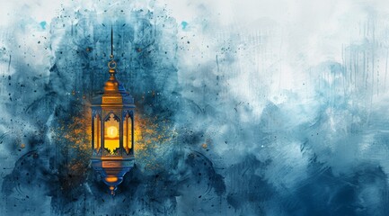 Wall Mural - dark blue abstract background of ramadan celebration with golden lantern, white background, 