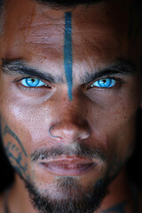 Wall Mural - A man with blue eyes and a tattoo on his face, AI
