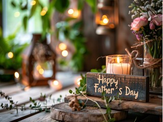  text Happy Father's Day on a wooden board in a rustic interior, celebration, holiday, family, love, vintage, dad, greeting, typography, message