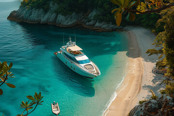 Leinwandbilder - A luxury yacht anchored near a secluded beach, with a small boat ready to take passengers ashore,